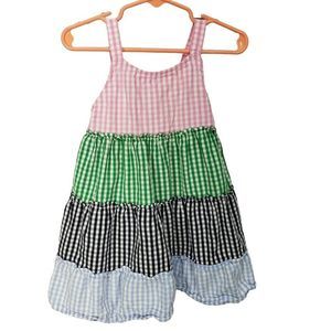 Girls Crown & Ivy Gingham Pink, Green, Blue Tiered Sleeveless Dress Size 4T‎
